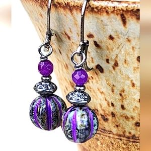 Purple, Black & Gunmetal‎ Dangle Earrings, Leverback Hooks, Handmade